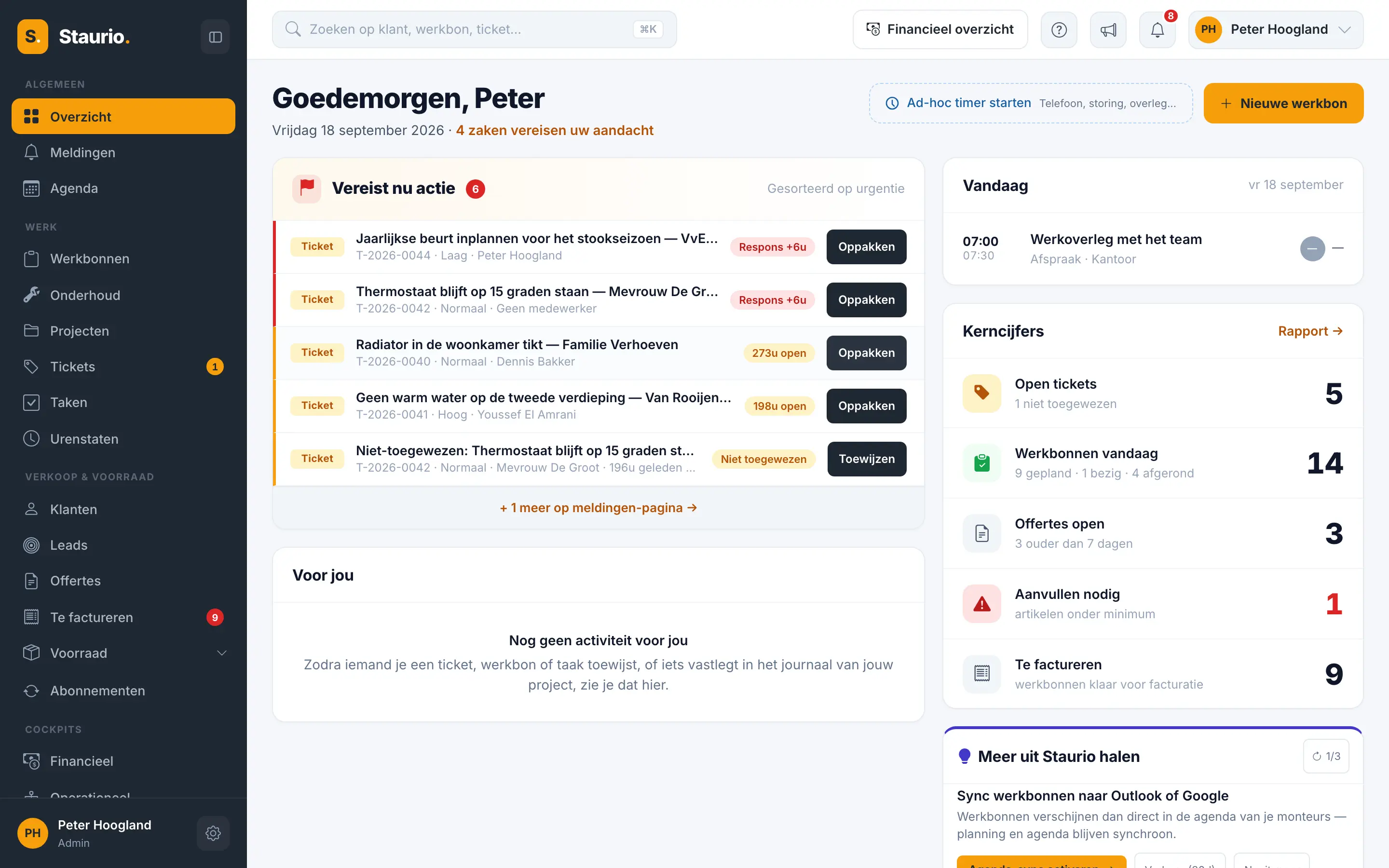 Het Staurio-dashboard met wat er nu actie vraagt, de afspraken van vandaag en de kerncijfers zoals open tickets en openstaande offertes