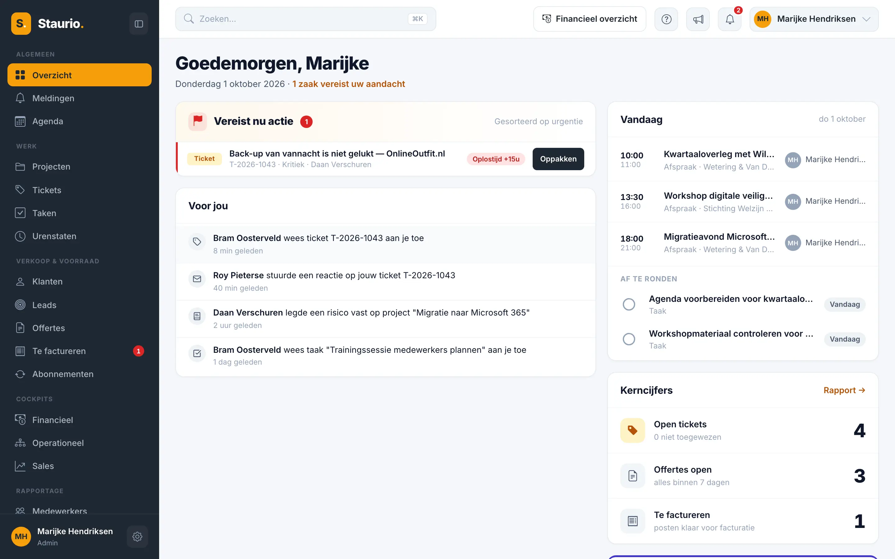 Het Staurio-dashboard van een IT-bedrijf met een kritiek ticket dat actie vraagt, de afspraken van vandaag en de kerncijfers