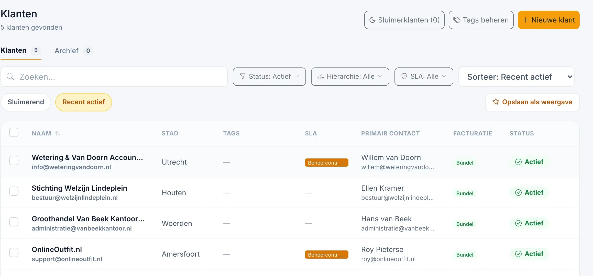 De klantenlijst van Staurio met de knop Sluimerklanten, filters op status, hiërarchie en SLA, en per klant de plaats, het primaire contact, de facturatiewijze en de status