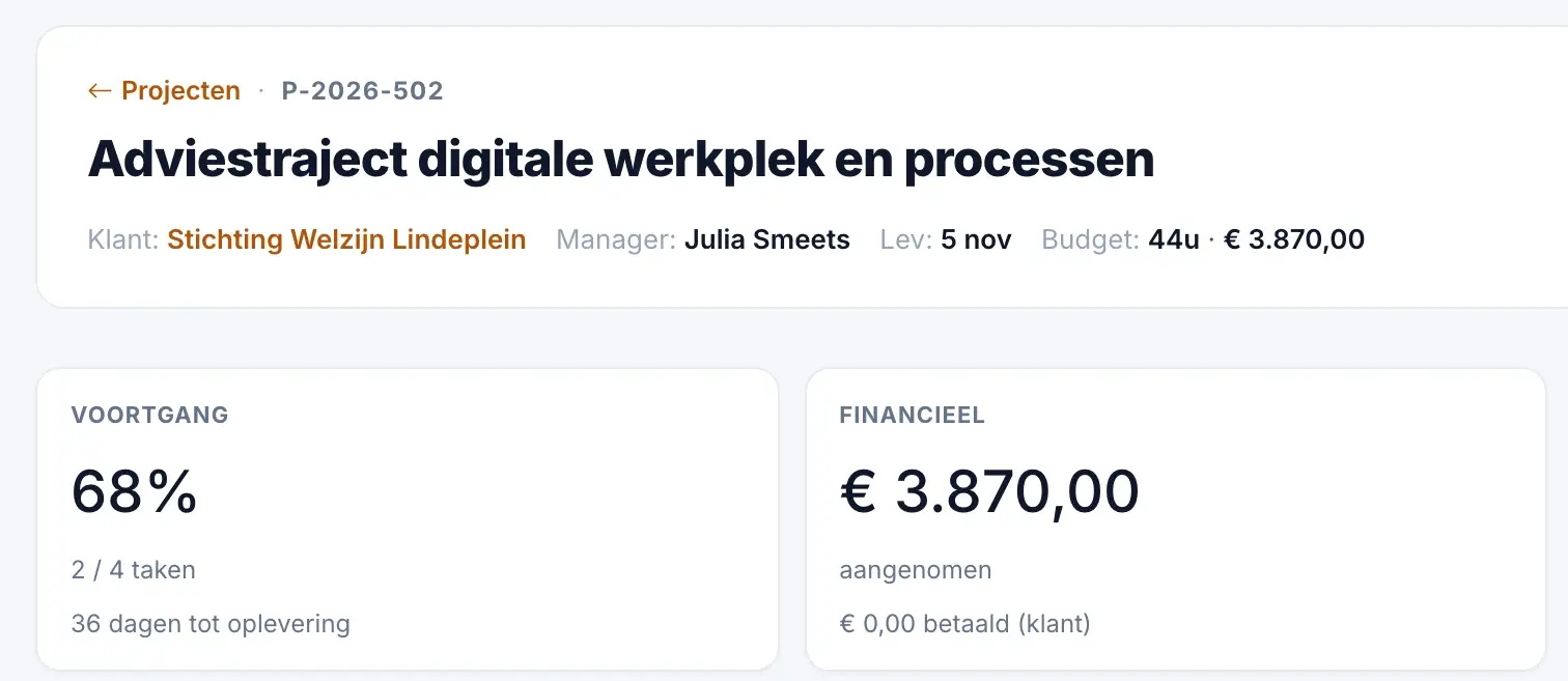 De kop van een adviesproject in Staurio met het budget in uren en in euro, de voortgang en het aangenomen bedrag