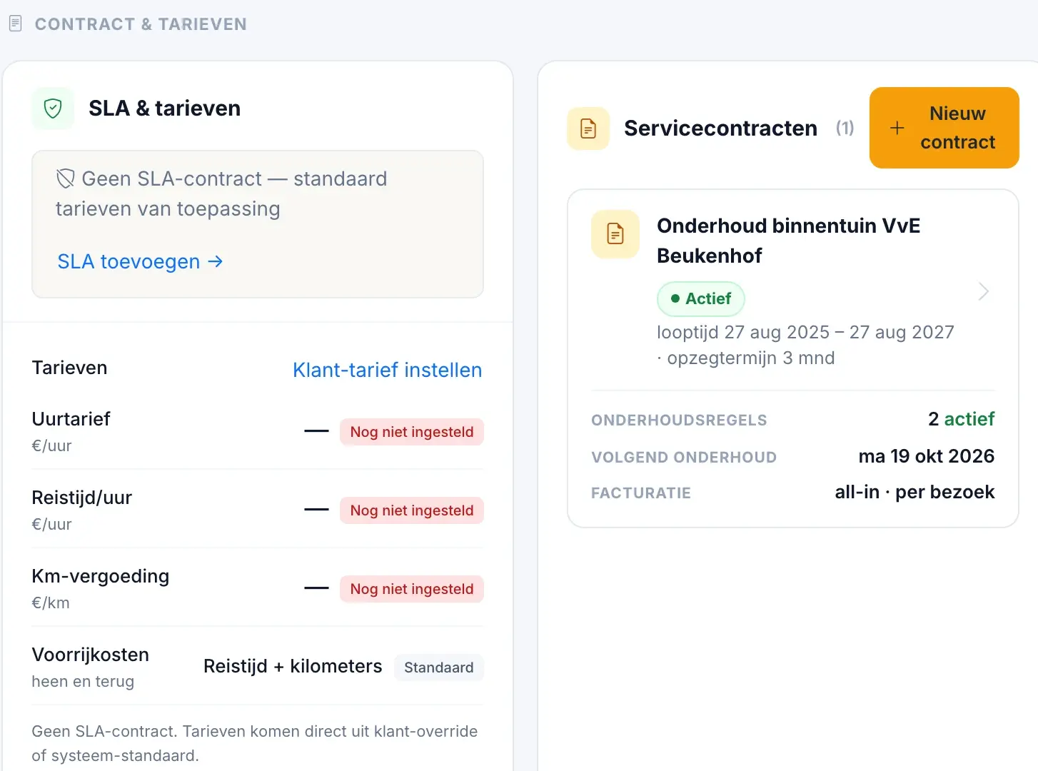 Het servicecontract voor een binnentuin op een klantpagina in Staurio, met twee onderhoudsregels, de datum van het volgende onderhoud en de manier van factureren