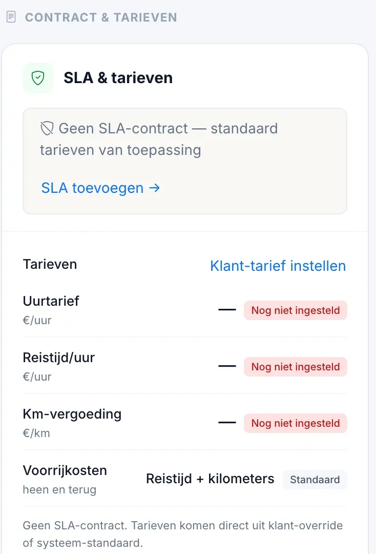 Het blok SLA en tarieven op een klantpagina in Staurio, met de knop Klant-tarief instellen en regels voor het uurtarief, het reistarief, de kilometervergoeding en de voorrijkosten