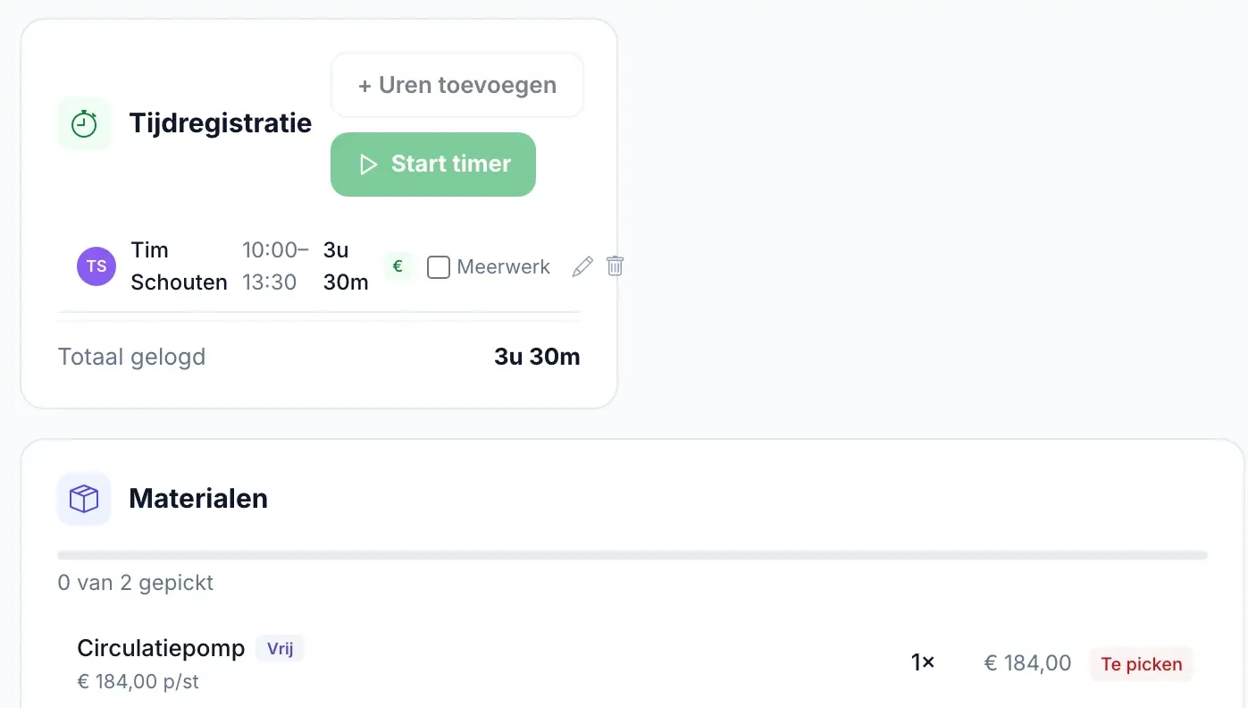 Het materiaal op een werkbon in Staurio, met hoeveel regels al gepickt zijn en per artikel de status Te picken
